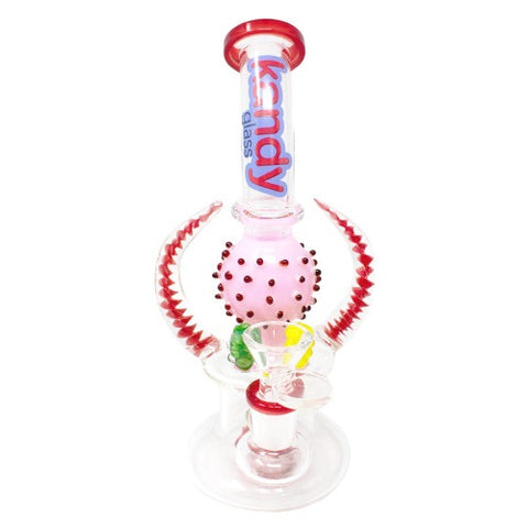 Kandy Smoke Glass Water Pipe Bent Neck 3D Spiked Globe & Horns Base Design With Disc Perc - 311 Grams - 8 Inches